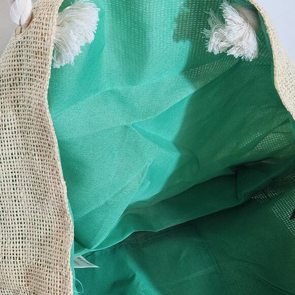 Pier27 Oceanholic Cream and Green Beach Bag with Rope Handle Natural Beach Bag - Picture 5 of 7